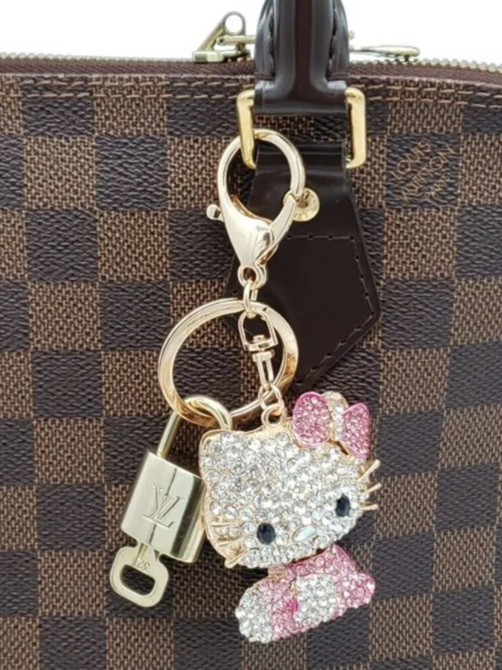 LV Authentic Gold Lock & Key 🔑Luxury Bag Charm w/Unbranded Hello Kitty Keychain
